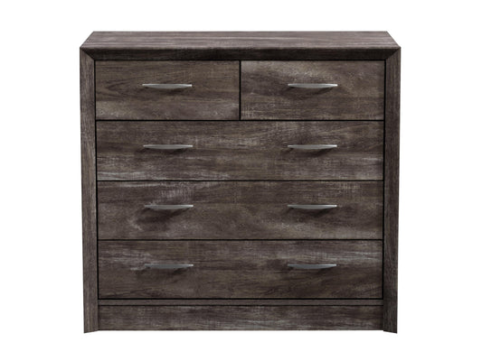 Modern wooden dresser with six spacious drawers, featuring a sleek walnut finish, minimalist metal handles, and a smooth, polished surface, perfect for contemporary bedroom or living room storage.