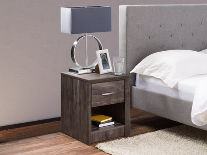 Mid-century modern nightstand with walnut finish, featuring a single drawer and open shelf, tapered legs, and brass hardware. Ideal for bedroom storage and decor, blending vintage style with functional design.