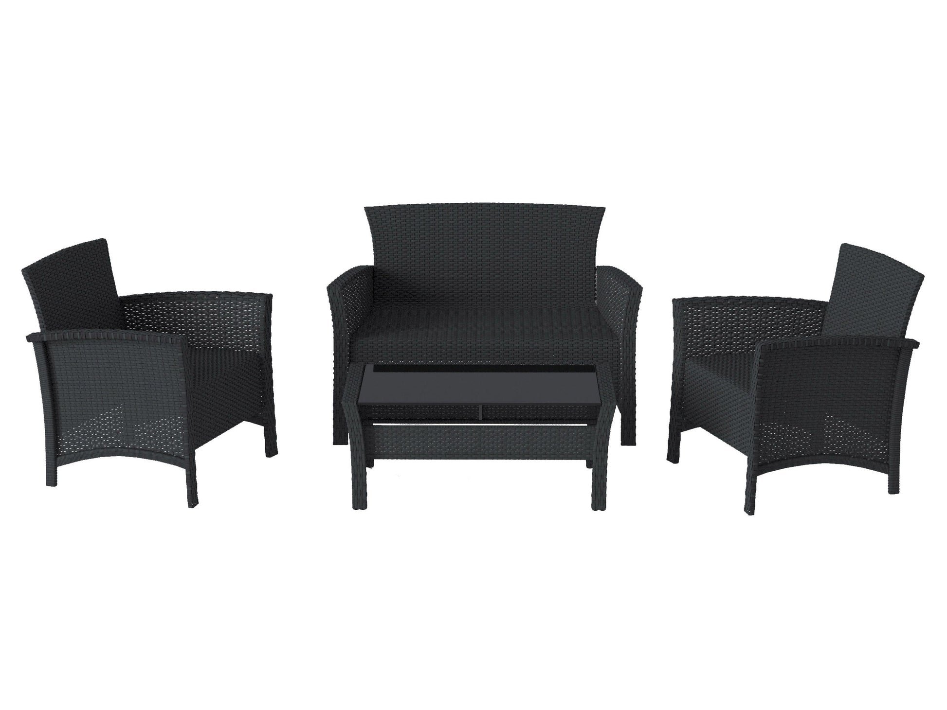 Black wicker patio set, 4-piece with cushions, outdoor conversation furniture, durable, modern design, perfect for gardens and patios.