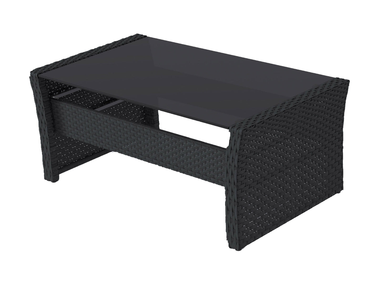 Black wicker patio set, 4-piece with cushions and glass-top coffee table, perfect for outdoor lounging.