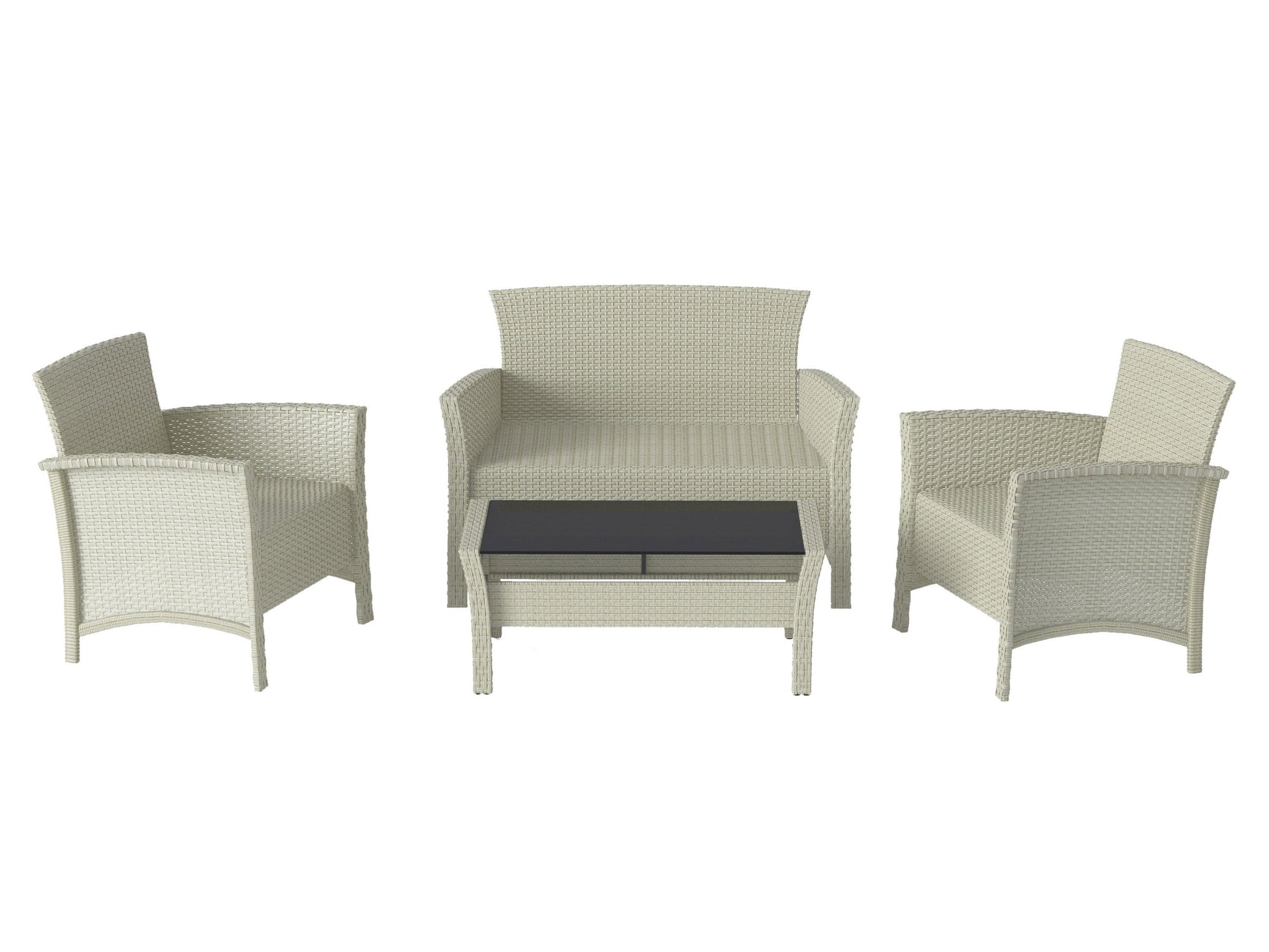 Wicker patio conversation set, 4-piece, off-white cushions, brown rattan, modern outdoor furniture.