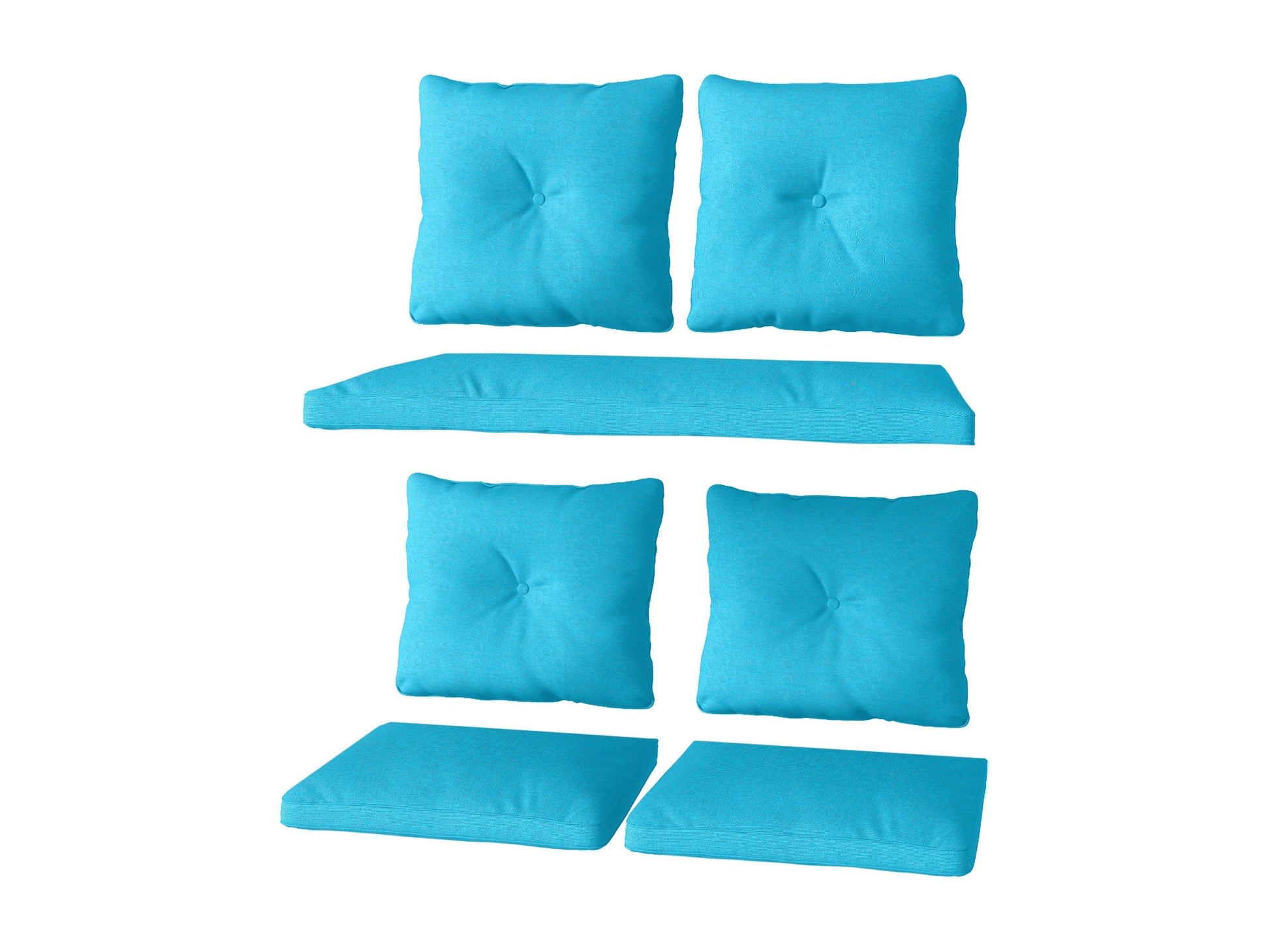 Turquoise patio replacement cushion set, 7 pieces, weather-resistant fabric, fits standard outdoor furniture.