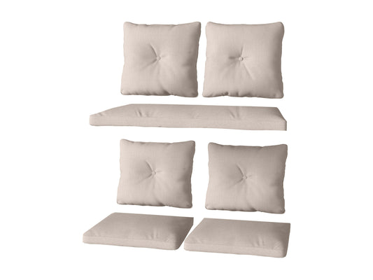 Warm white 7-piece patio replacement cushion set, durable fabric, weather-resistant, fits most outdoor furniture.