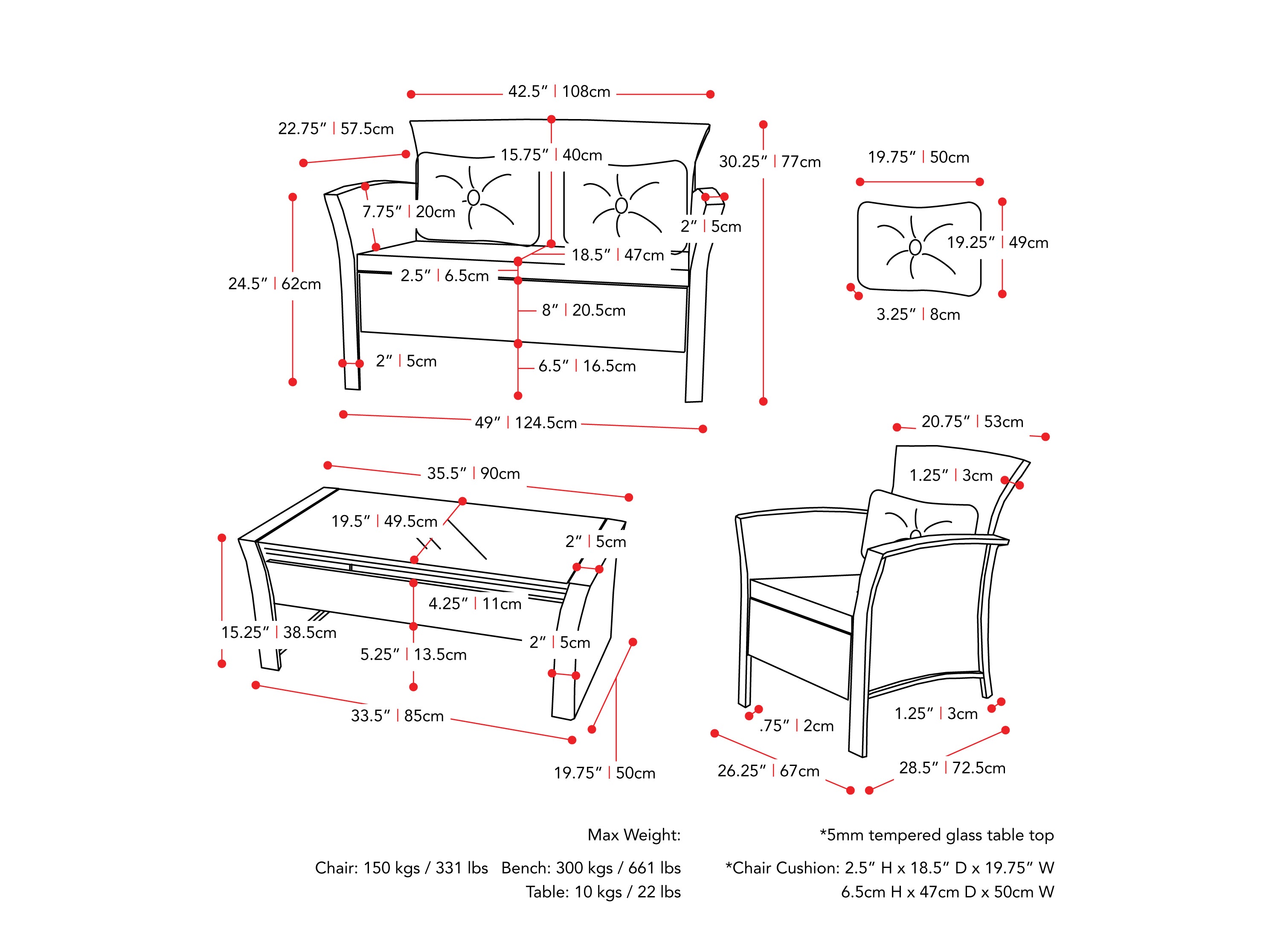 Wicker patio conversation set, 4-piece, black and warm white cushions, durable rattan, modern outdoor furniture.