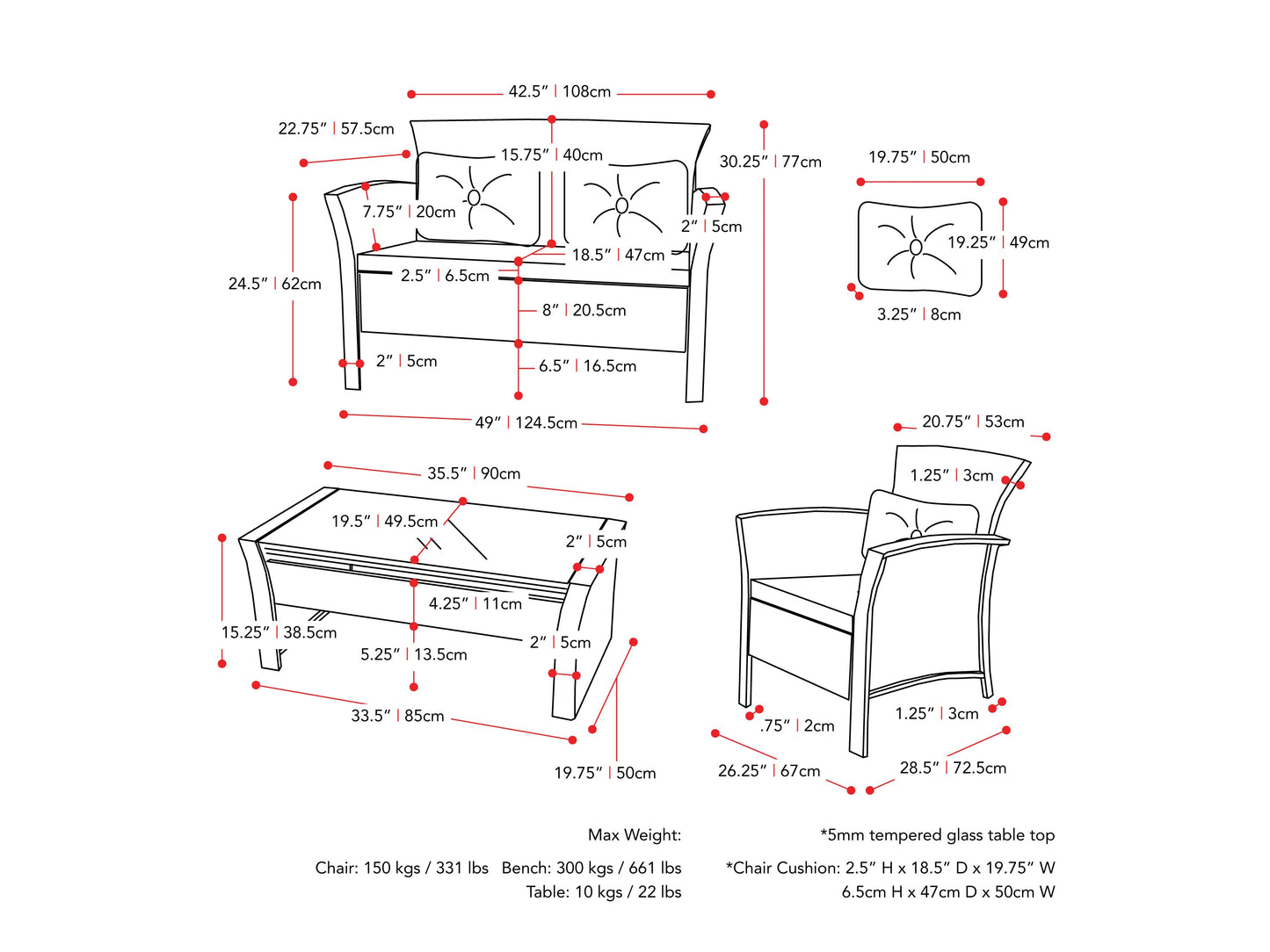 Wicker patio conversation set, 4-piece, black and warm white cushions, durable rattan, modern outdoor furniture.