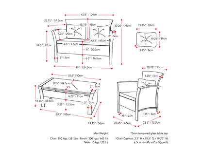 Wicker patio conversation set, 4-piece, black and warm white cushions, durable rattan, modern outdoor furniture.