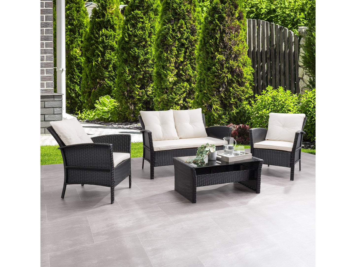 Black and warm white wicker patio set, 4-piece, featuring a modern design with comfortable cushions and durable materials.