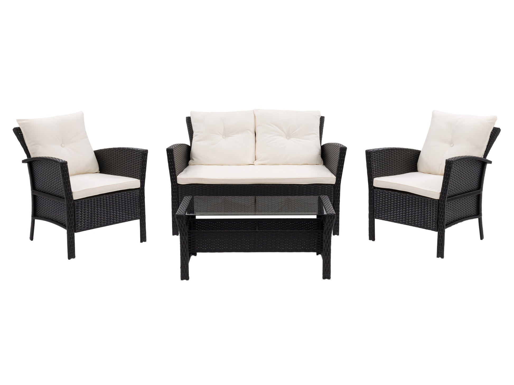 Black and warm white wicker patio set, 4-piece, includes cushioned chairs and a coffee table, outdoor furniture.