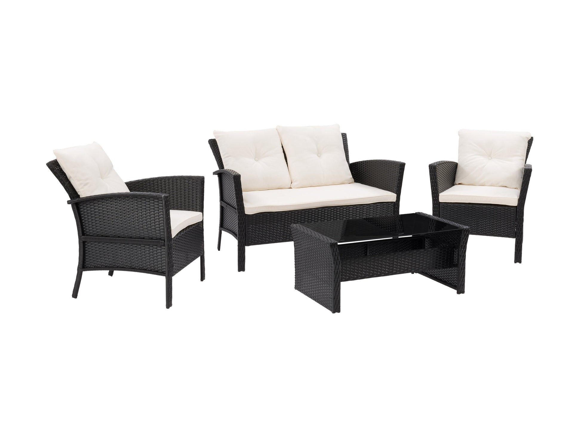 Black and warm white wicker patio set, 4-piece, includes sofa, armchairs, and coffee table, perfect for outdoor lounging.