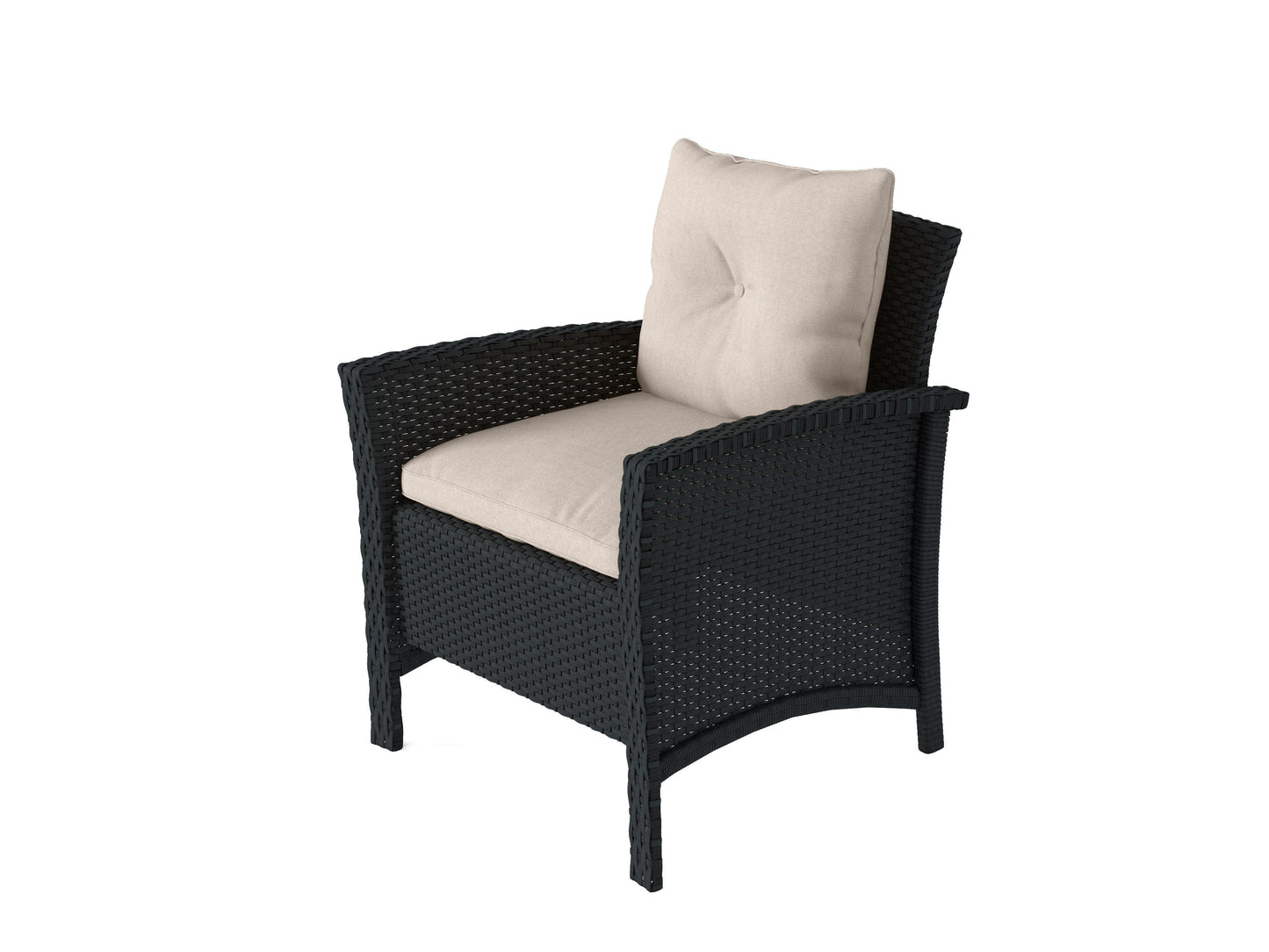 Black and warm white wicker patio set, 4-piece, with cushions and glass-top coffee table for outdoor use.