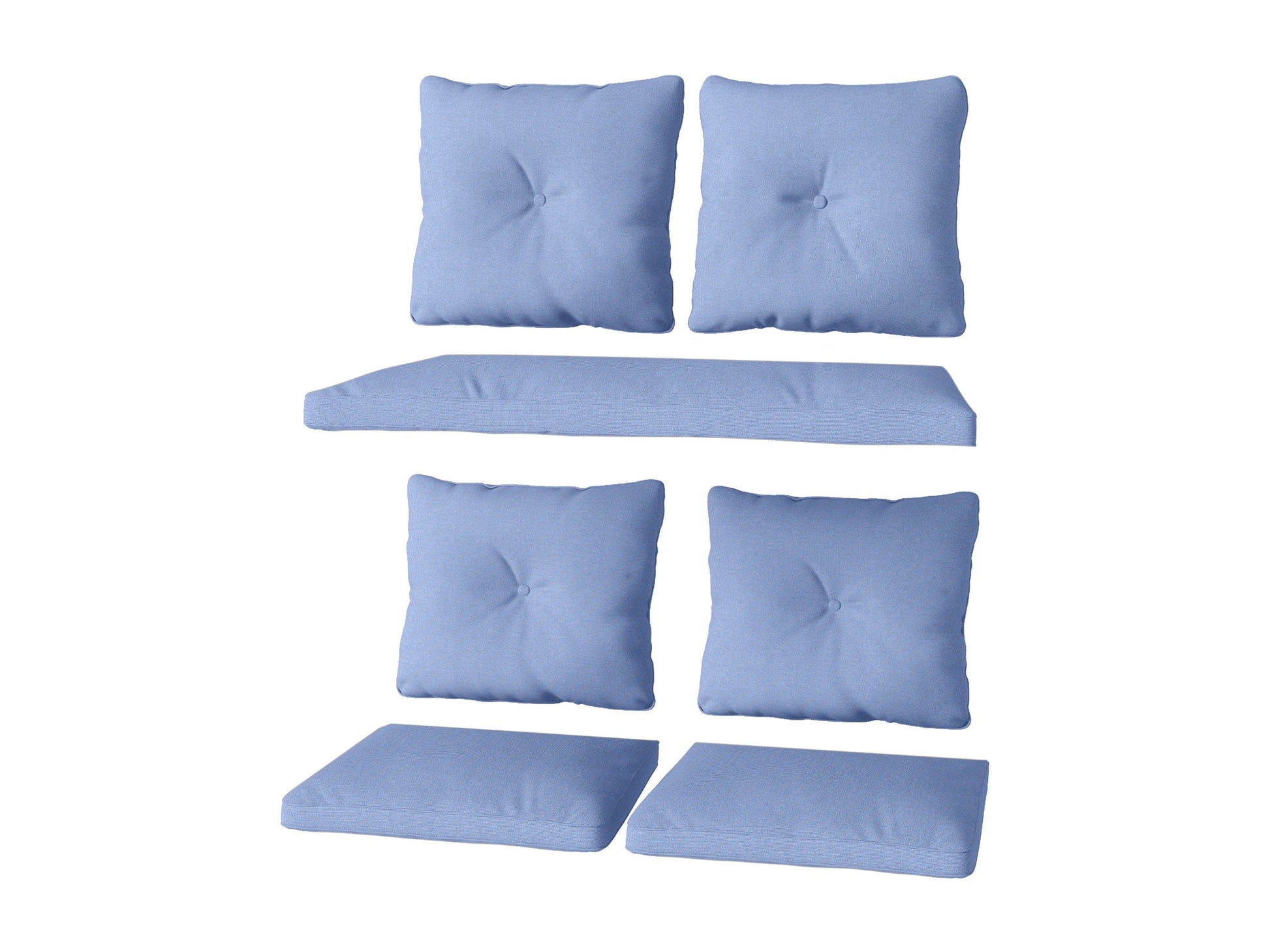 Light blue patio replacement cushion set, 7-piece, durable fabric, weather-resistant, for outdoor furniture.