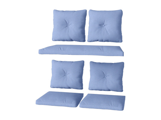 Light blue patio replacement cushion set, 7-piece, durable fabric, weather-resistant, for outdoor furniture.