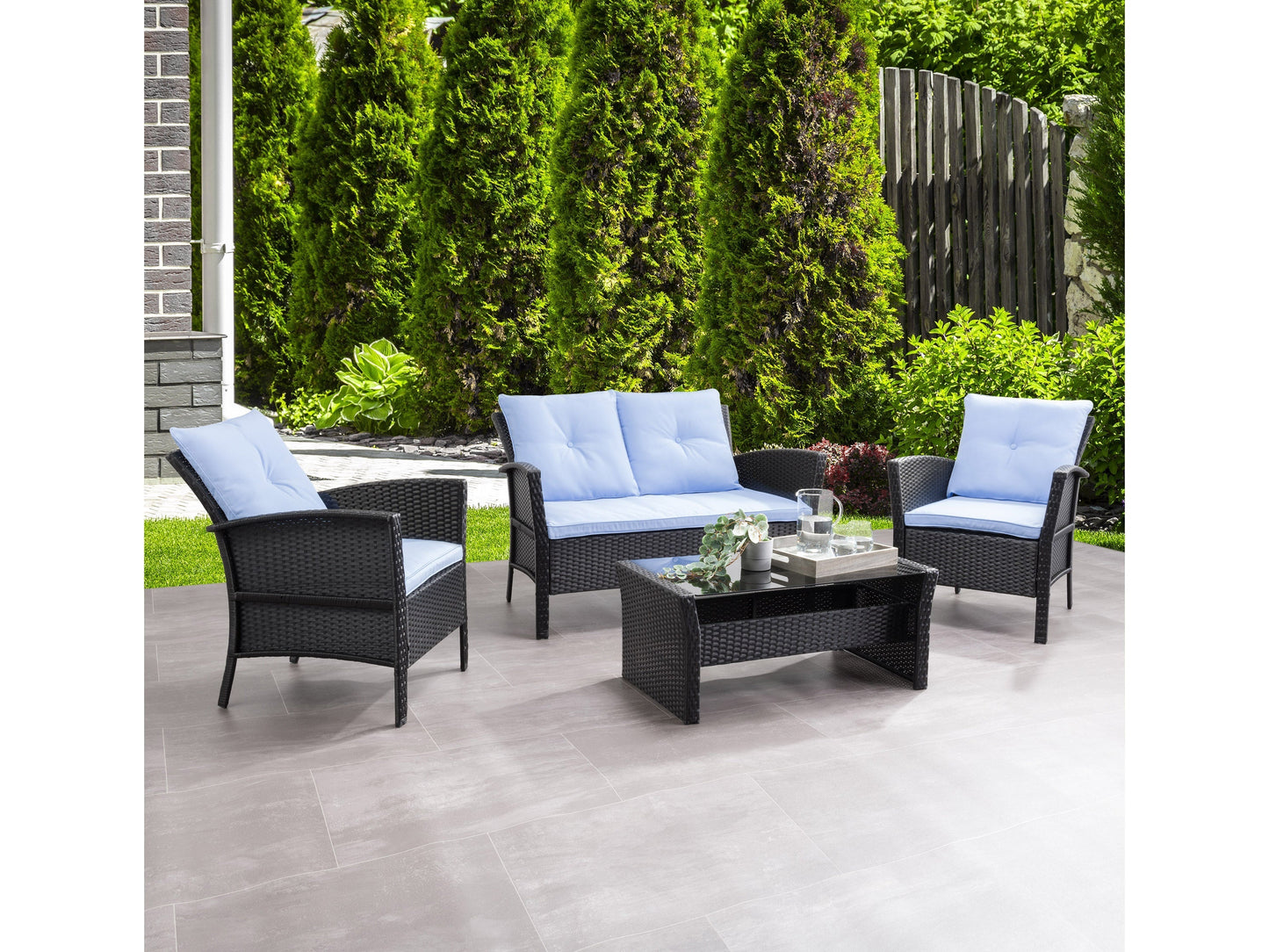 Black and light blue wicker patio set, 4-piece, includes sofa, chairs, and coffee table, perfect for outdoor lounging.