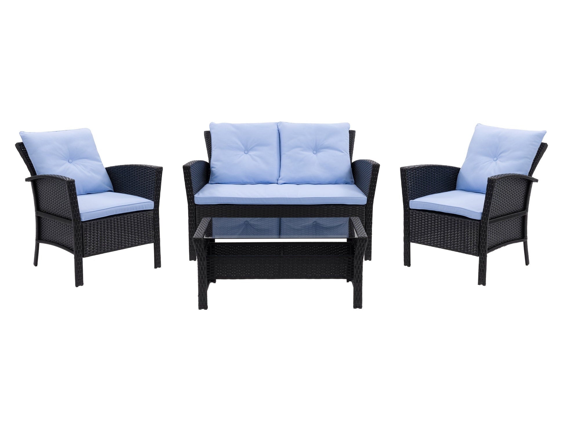 Black and light blue wicker patio set, 4-piece, featuring a modern design with comfortable cushions and durable outdoor materials.