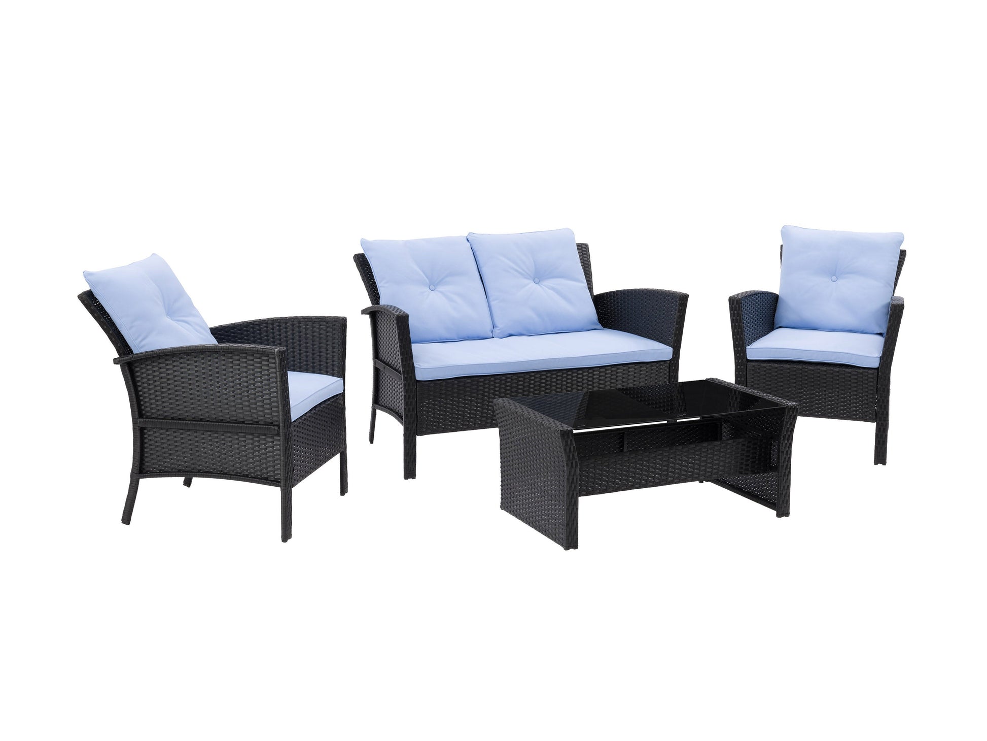 Black and light blue wicker patio set, 4-piece, with cushions and glass-top coffee table for outdoor relaxation.