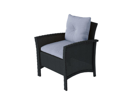 Black and light blue wicker patio set, 4-piece, includes cushioned chairs and coffee table, ideal for outdoor lounging.