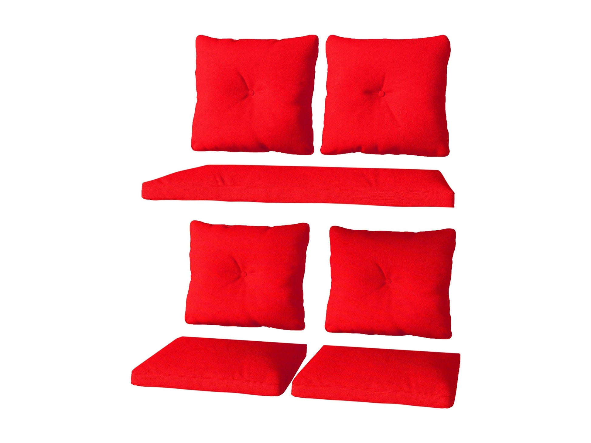 Red patio replacement cushion set, 7 pieces, durable fabric, weather-resistant, fits most outdoor furniture.