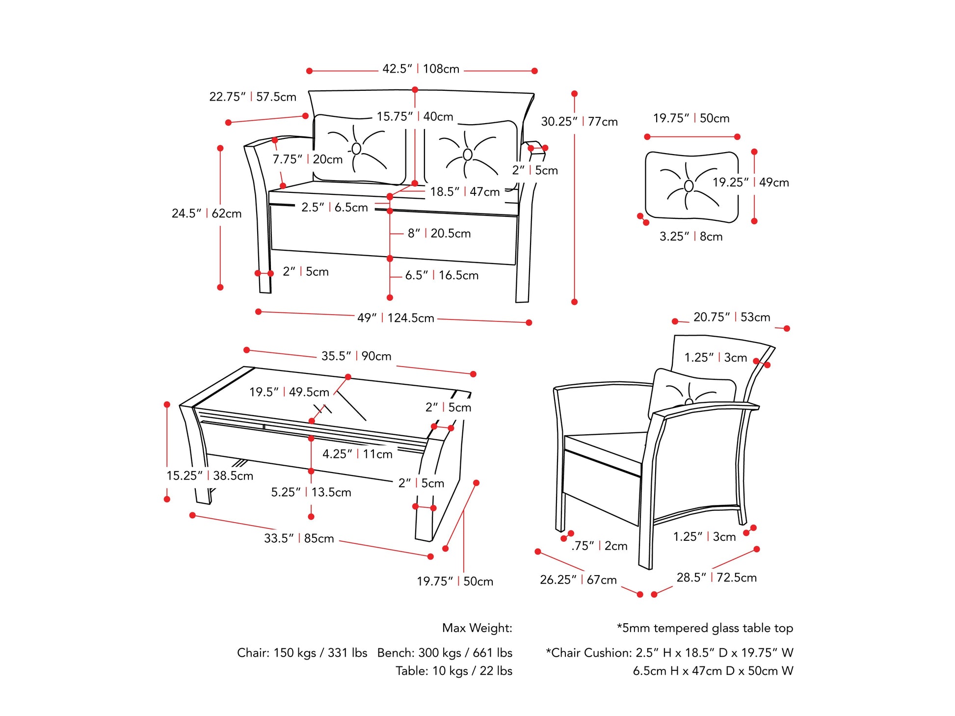 Wicker patio set, 4-piece, black and red cushions, includes sofa, armchairs, and coffee table, outdoor furniture.