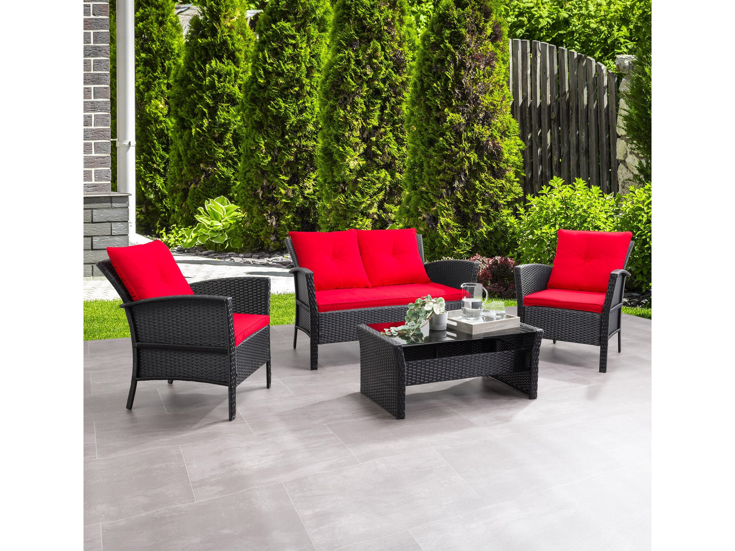 Black and red wicker patio conversation set, 4-piece, with cushions, modern outdoor furniture.