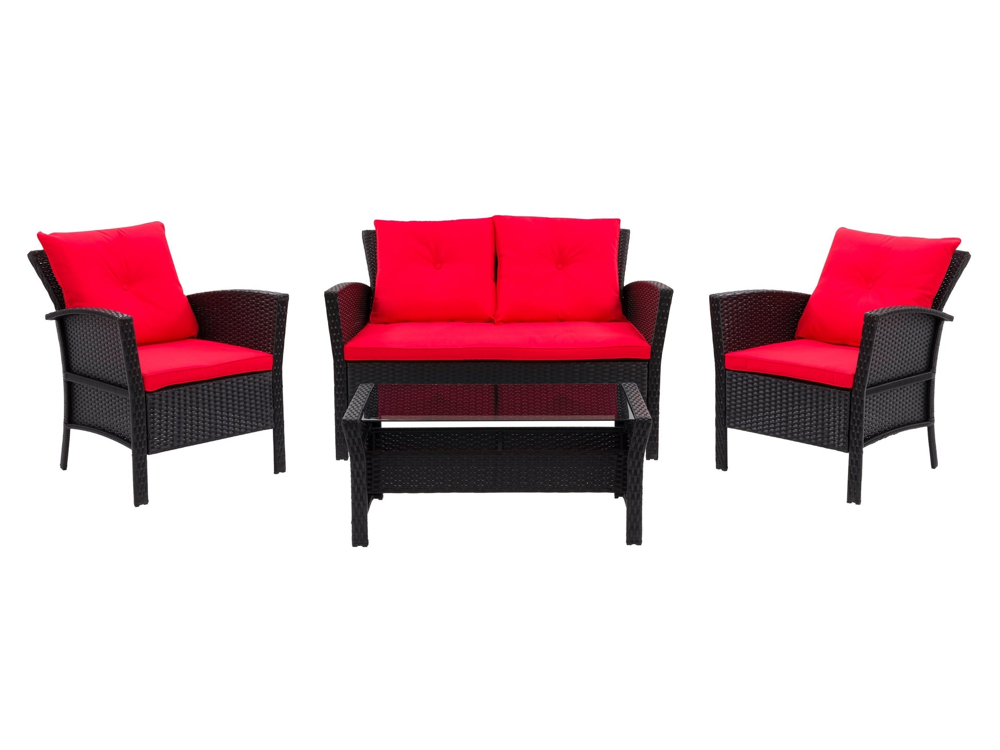 Black and red wicker patio set, 4-piece, includes cushioned chairs and coffee table, perfect for outdoor lounging.