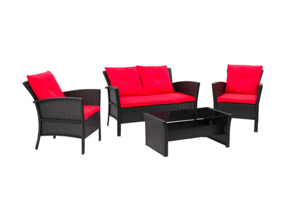 Black and red wicker patio set, 4-piece with cushions, modern outdoor furniture for garden or balcony.