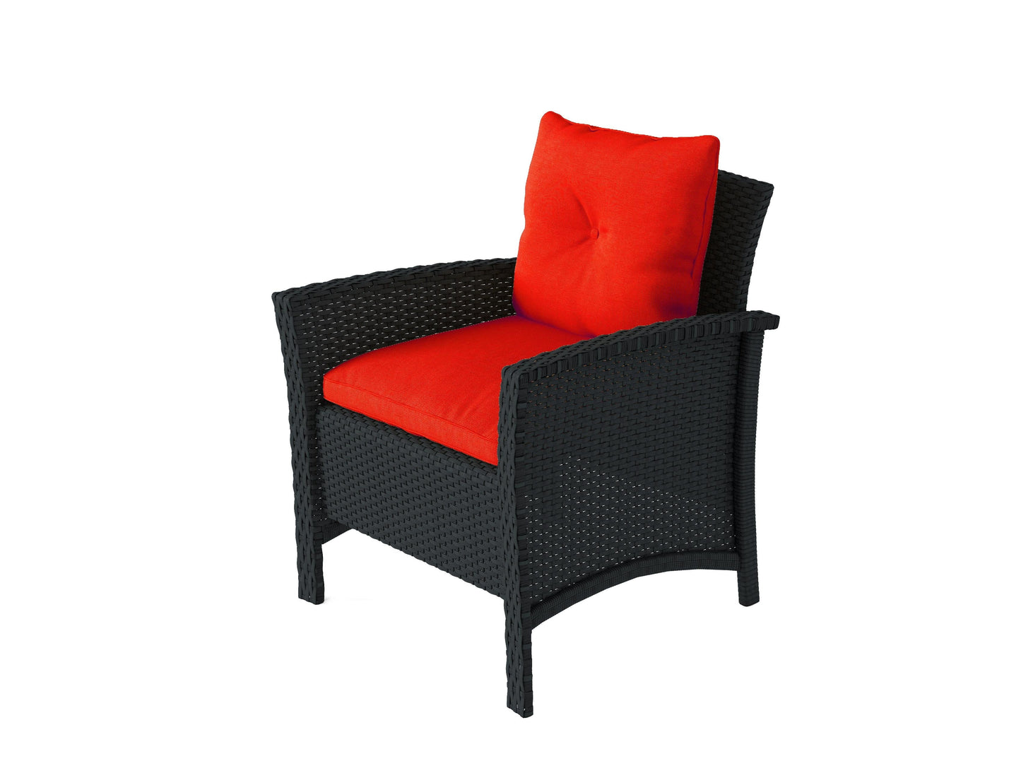 Black and red wicker patio conversation set, 4-piece, with cushions and glass-top coffee table for outdoor lounging.