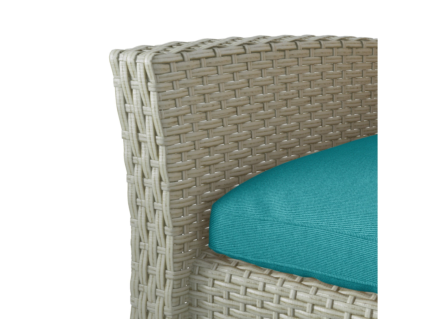 Turquoise 4 piece wicker patio set with cushions, includes sofa, chairs, and glass-top coffee table for outdoor lounging.