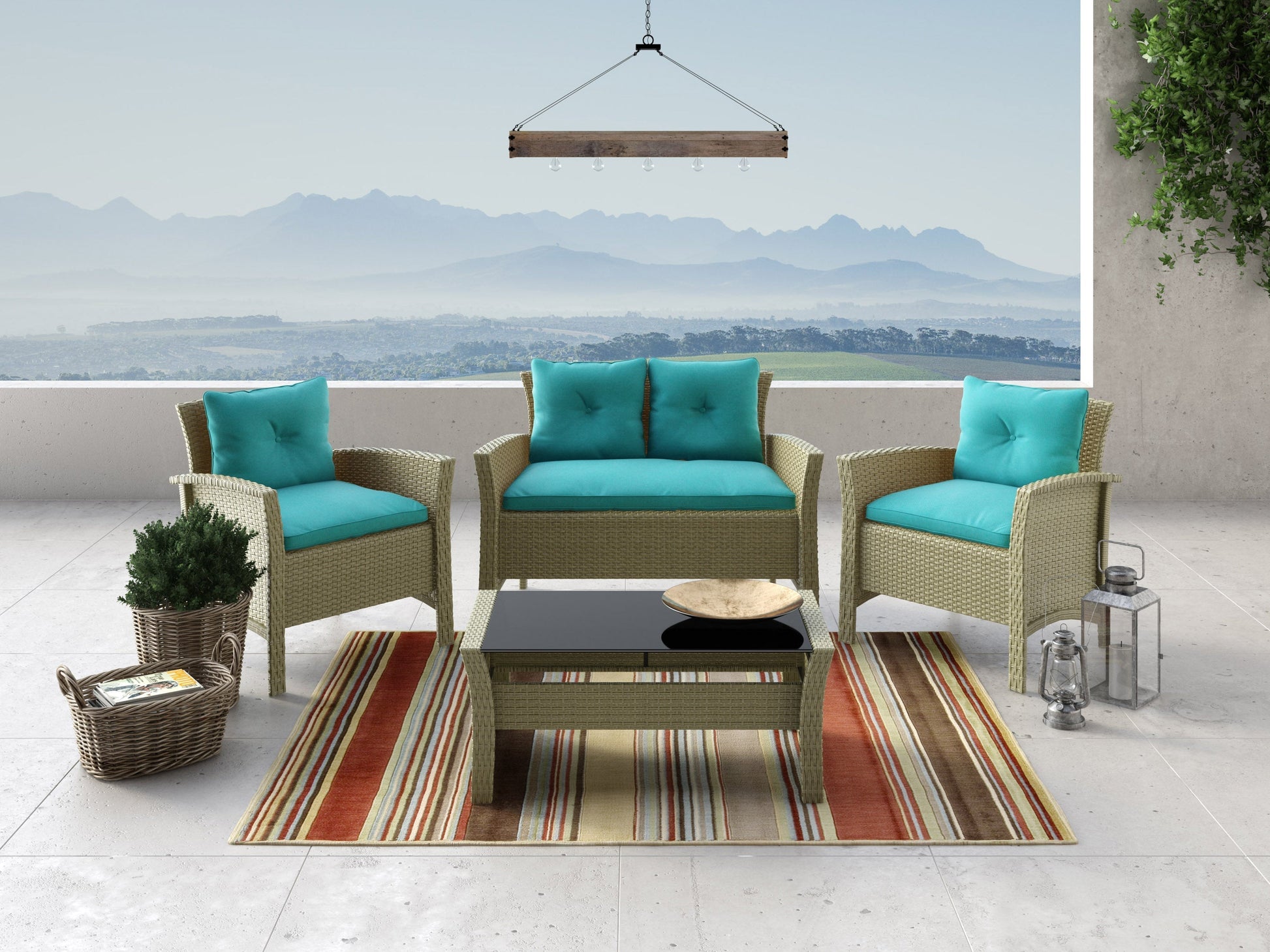 4-piece turquoise wicker patio set with cushions, glass-top coffee table, and weather-resistant design.