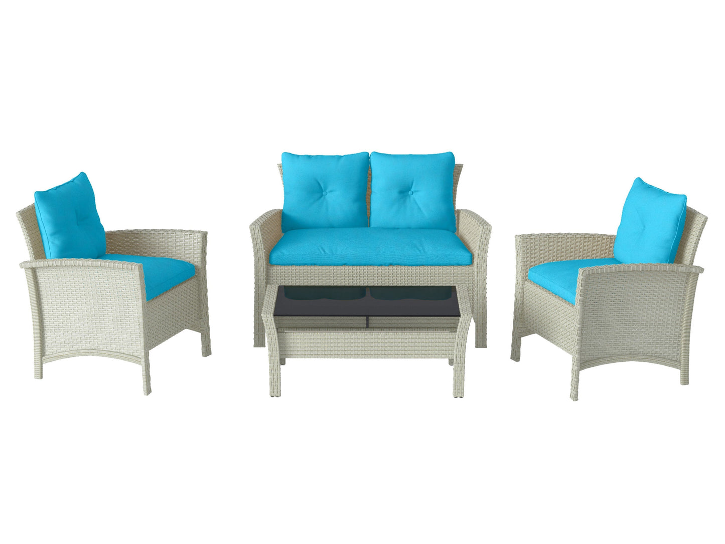 4-piece turquoise wicker patio set with cushions, includes loveseat, chairs, and table, perfect for outdoor seating.