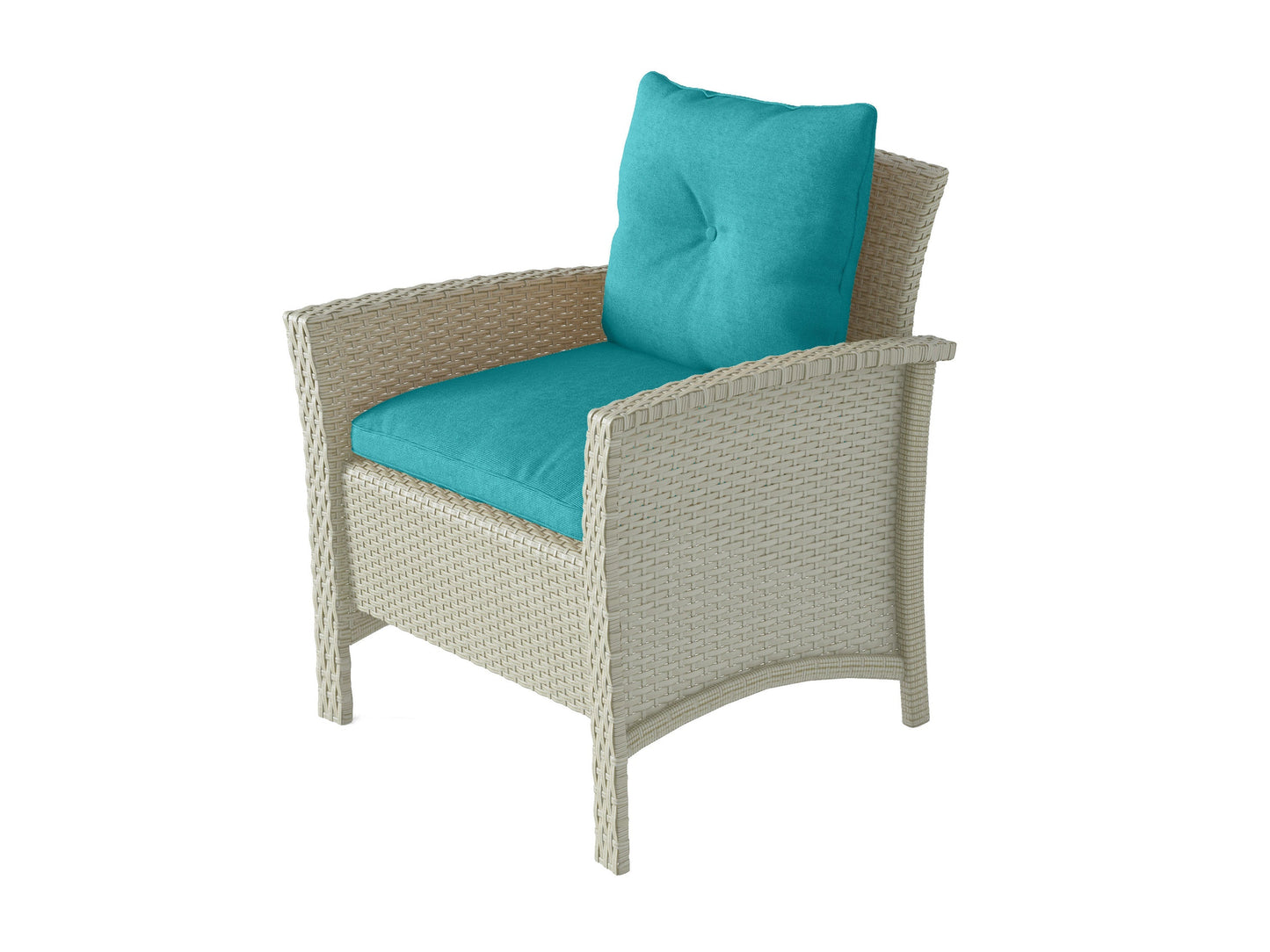 4 piece turquoise wicker patio set with cushions and glass-top coffee table.