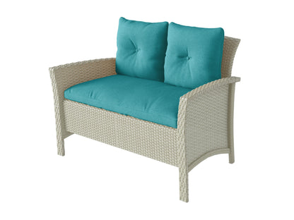 4 piece turquoise wicker patio set with cushions, glass-top table, and contemporary outdoor design.