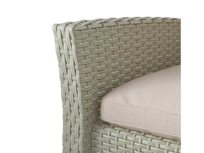 4 piece wicker patio set in warm white with cushions, including sofa, chairs, and coffee table, perfect for outdoor use