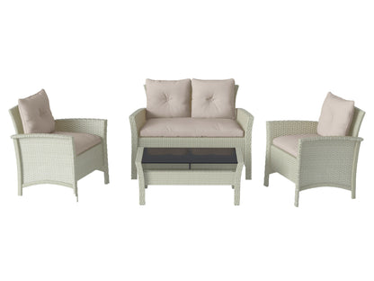 4 piece wicker patio set in warm white with cushions, includes sofa, armchairs, and coffee table, perfect for outdoor lounging.