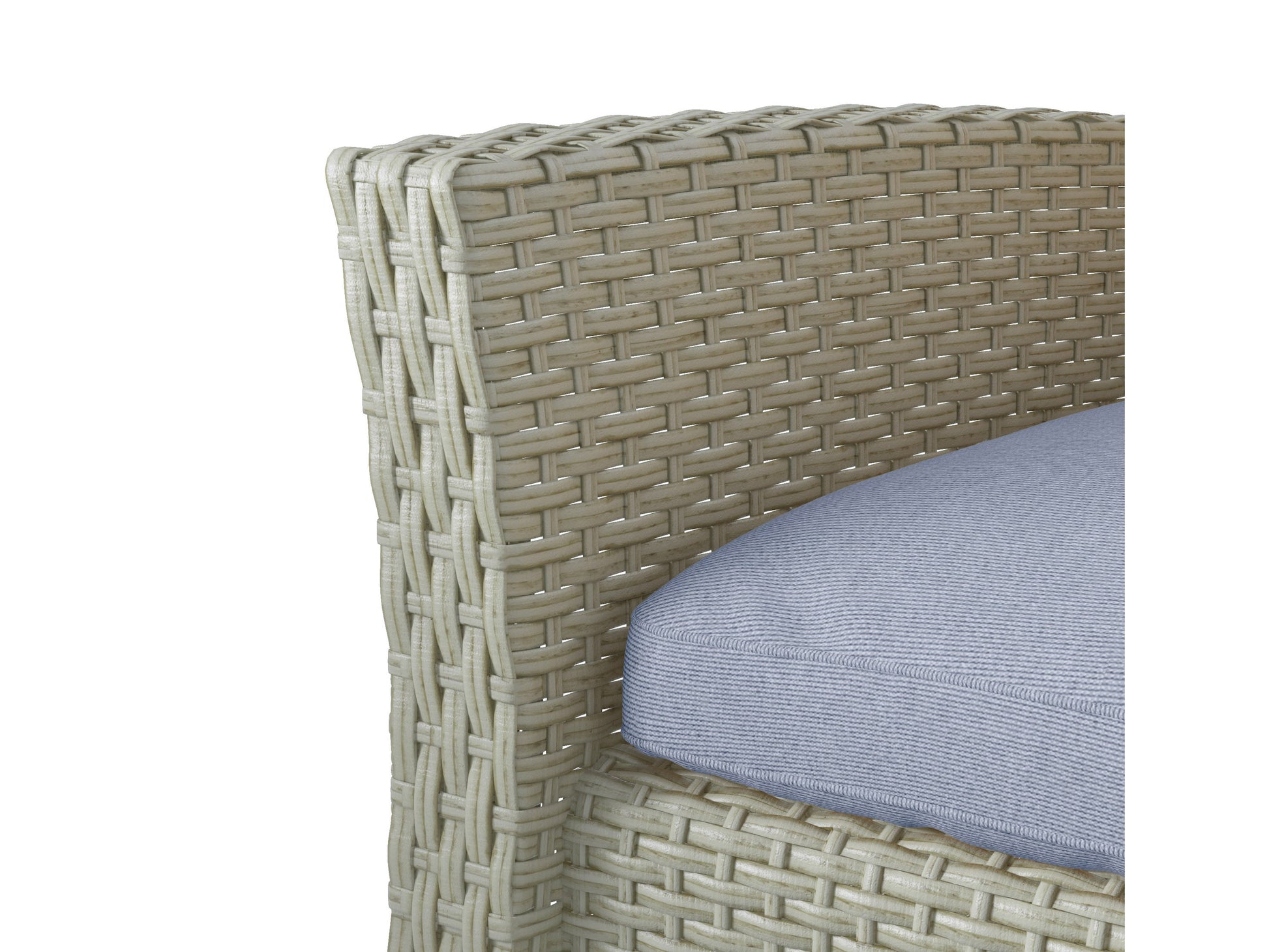 Wicker patio set with light blue cushions, includes sofa, two chairs, and coffee table, perfect for outdoor relaxation.