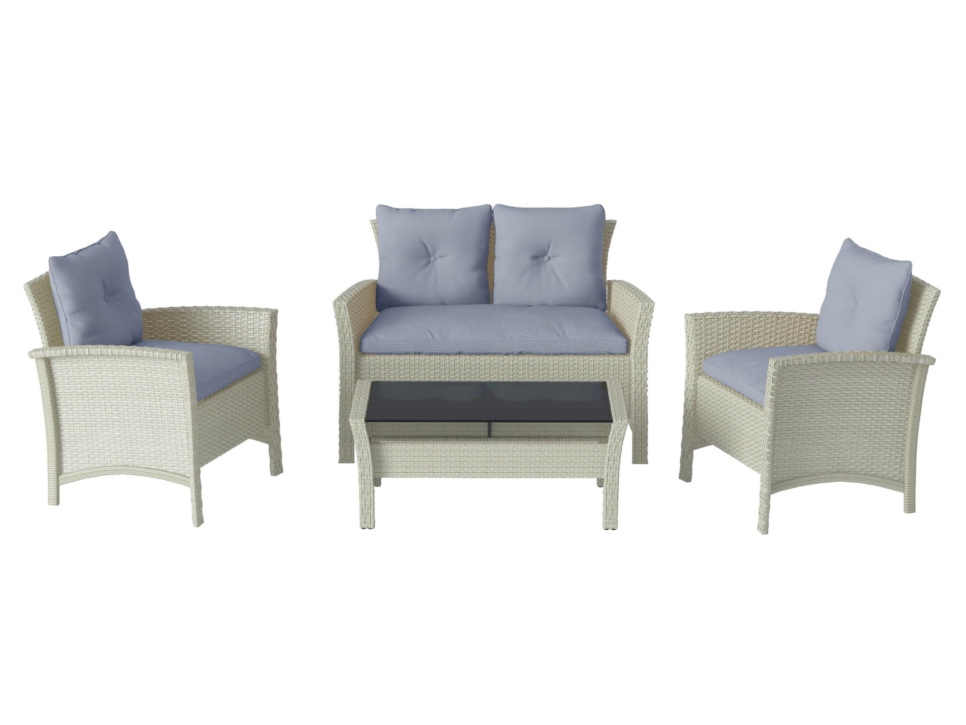 4 piece wicker patio set with light blue cushions, brown rattan frame, and glass coffee table.