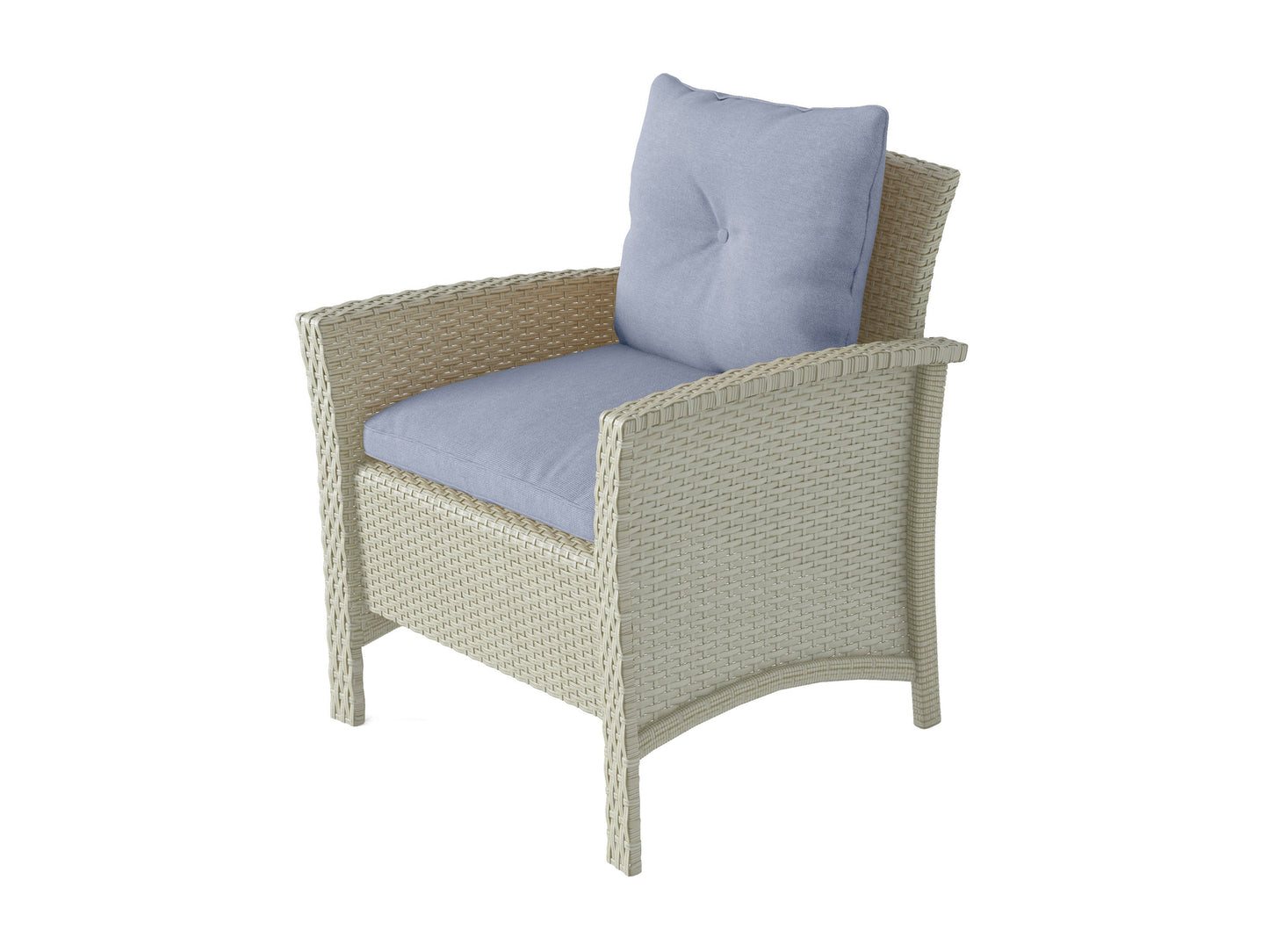 4 piece wicker patio set with light blue cushions, featuring durable rattan material and modern outdoor design.