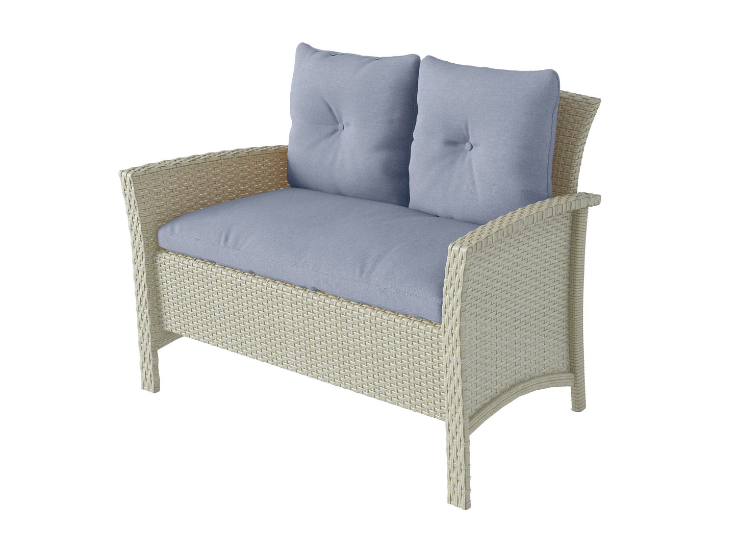 4-piece light blue wicker patio set with cushions and coffee table, perfect for outdoor lounging and entertaining.