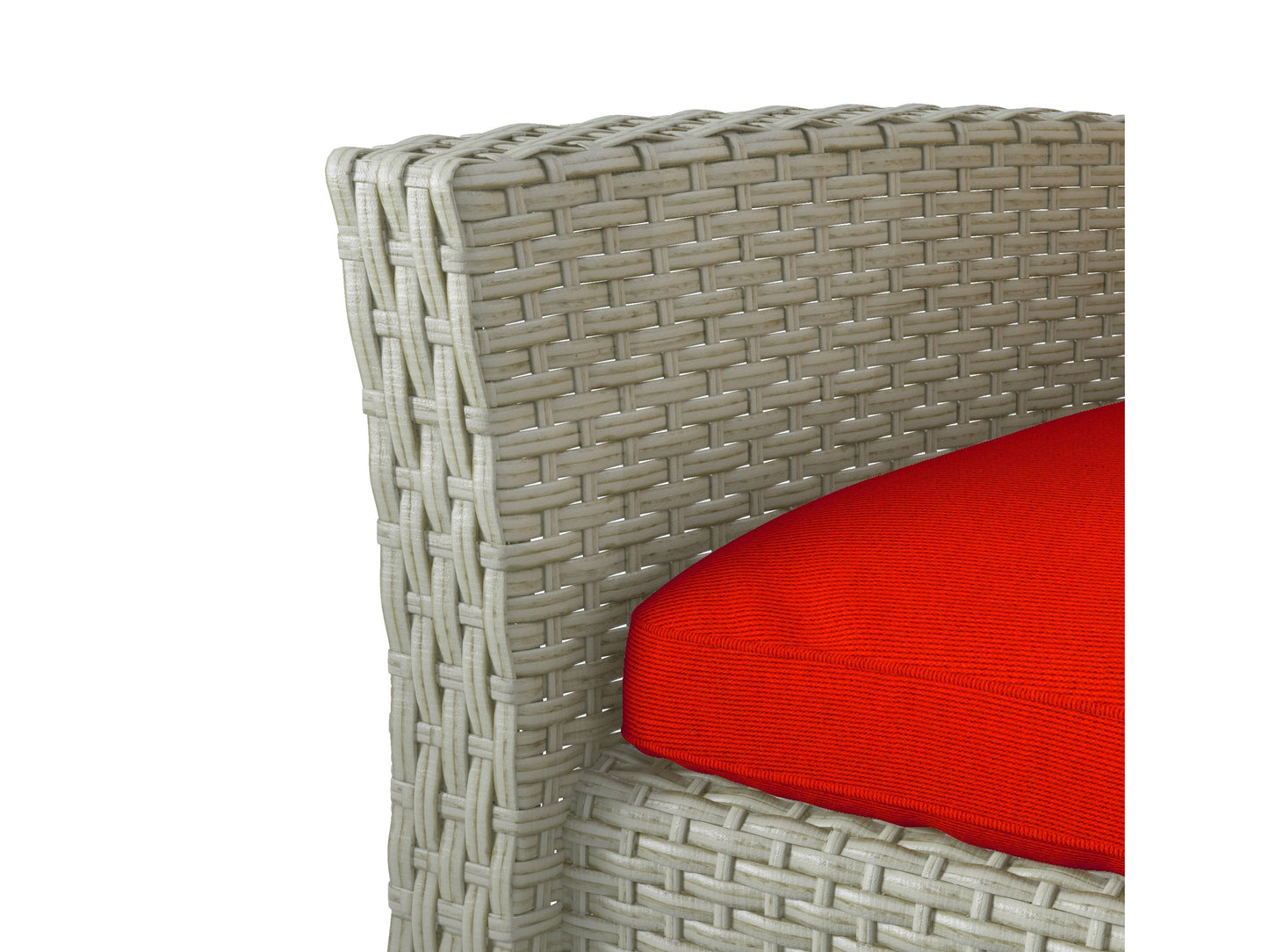 Red wicker patio set with cushions, including a sofa, two chairs, and a coffee table, perfect for outdoor lounging.