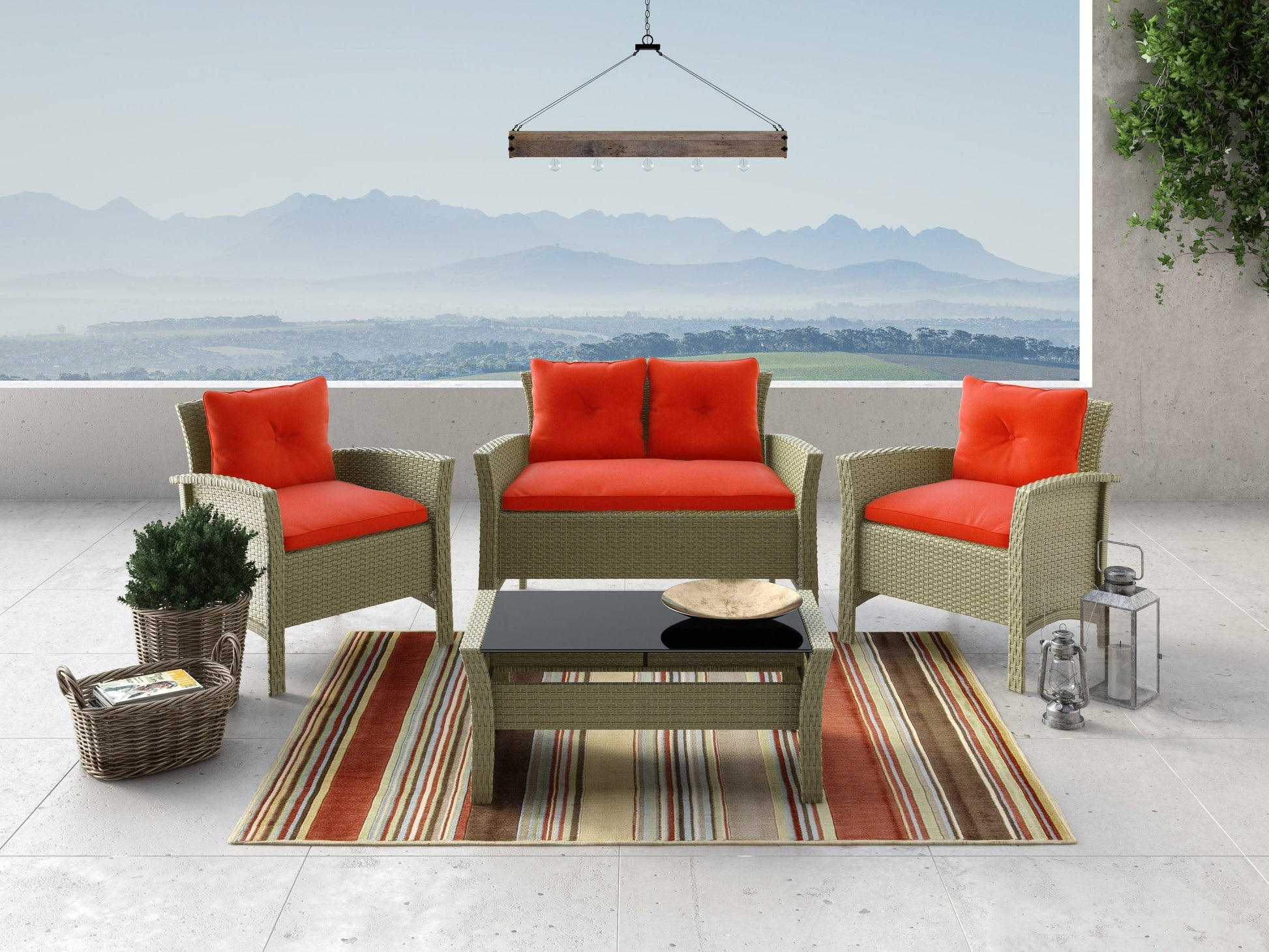 Red wicker patio set with cushions, including a loveseat, two chairs, and a glass-top coffee table, perfect for outdoor seating.