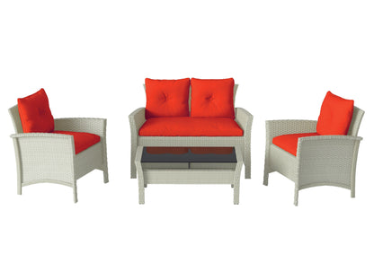 4-piece wicker patio set with red cushions, includes sofa, chairs, and coffee table, perfect for outdoor lounging.