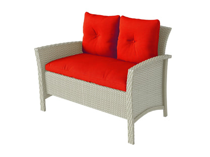 4 piece red wicker patio set with cushions and glass-top table, outdoor conversation furniture.