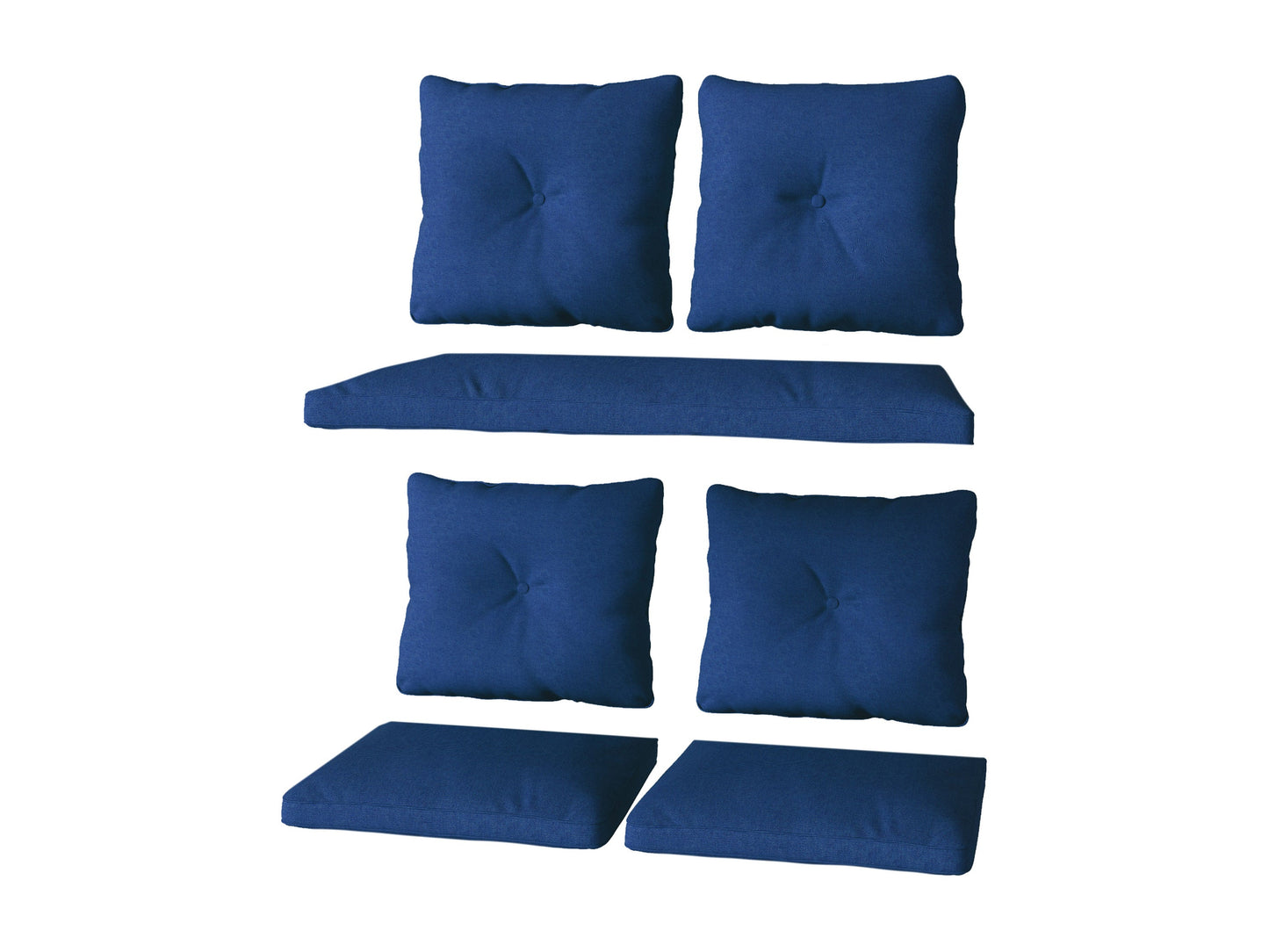 Navy blue 7-piece patio replacement cushion set with durable fabric and comfortable padding for outdoor furniture.