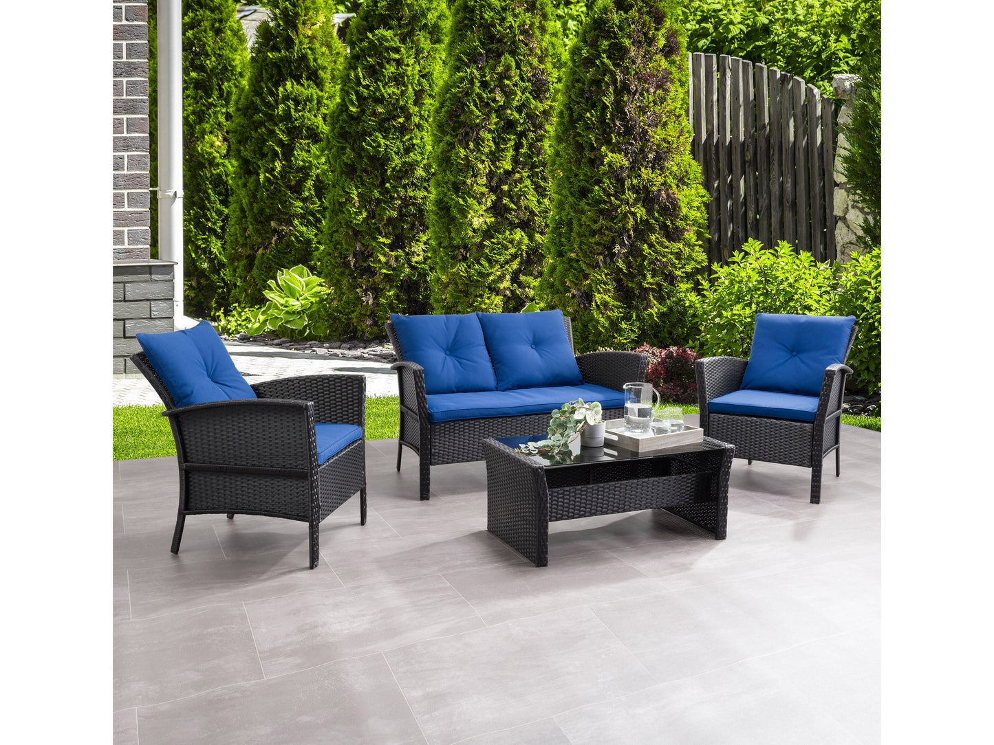 Black and navy blue wicker patio set, 4-piece with cushions, outdoor furniture, modern design.