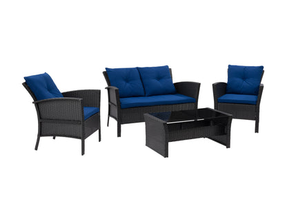 Black and navy blue wicker patio conversation set with cushions, 4-piece outdoor furniture for garden or deck.