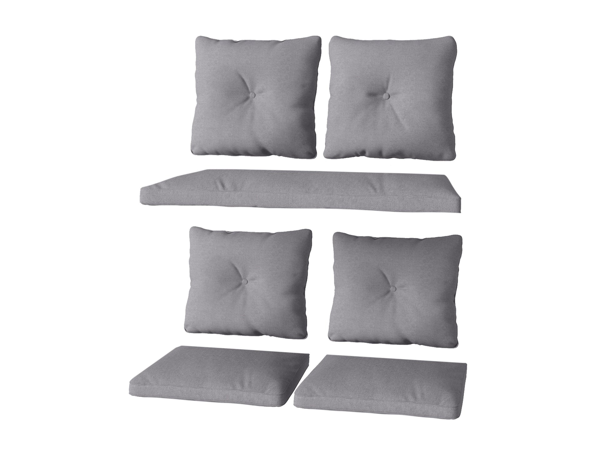 Grey patio replacement cushion set, 7 pieces, weather-resistant fabric, modern design, fits outdoor furniture.