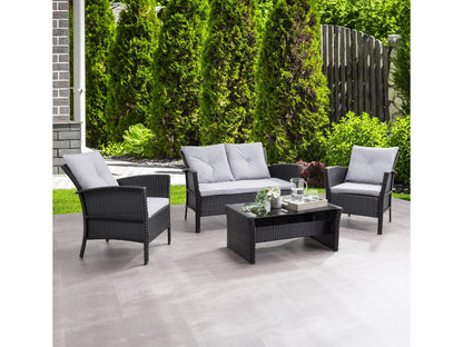 Black and grey wicker patio set, 4-piece, includes sofa, chairs, and table, outdoor furniture for modern patio.