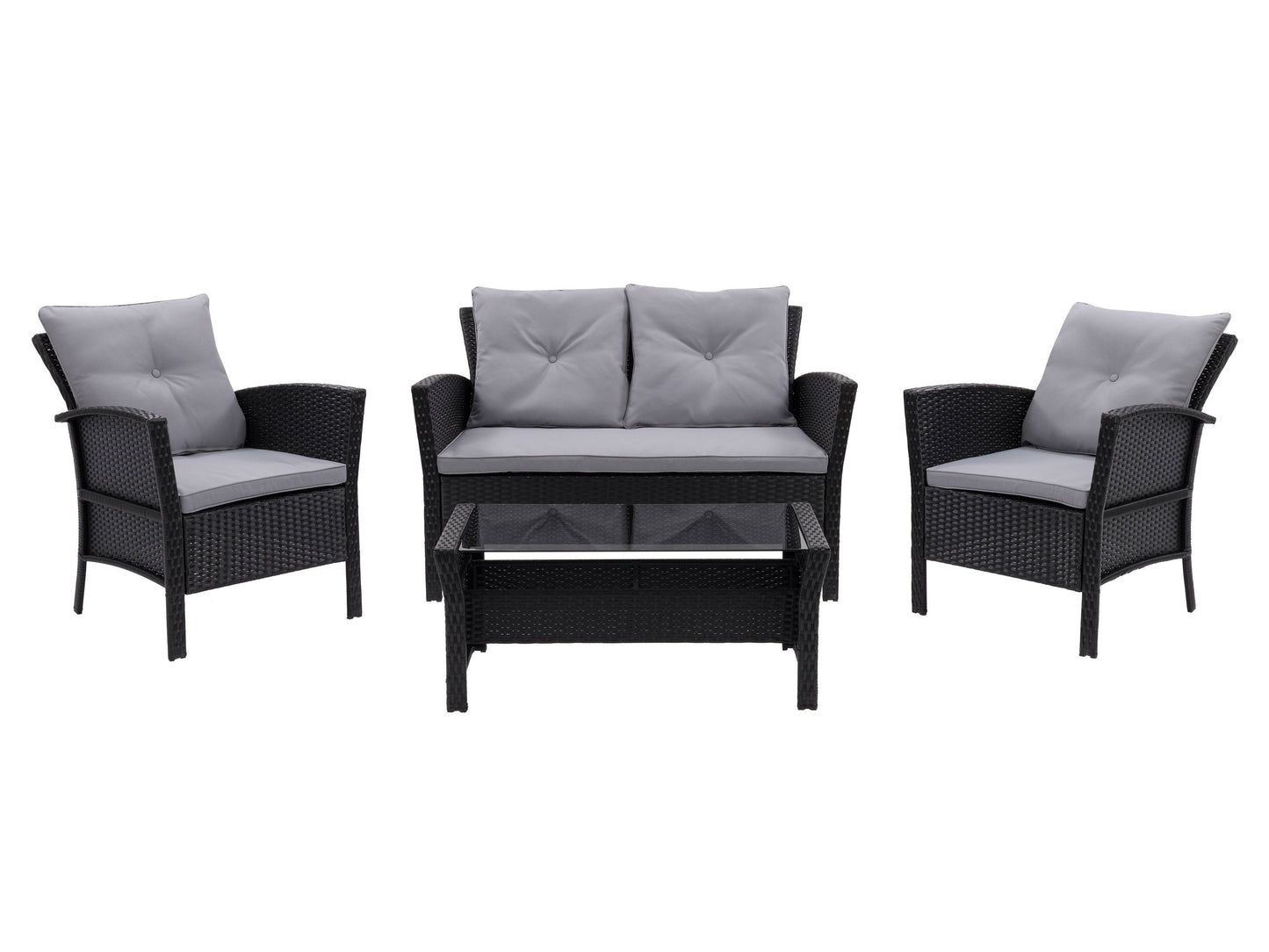 Black and grey wicker patio set, 4-piece with cushions, modern outdoor furniture for garden or deck.