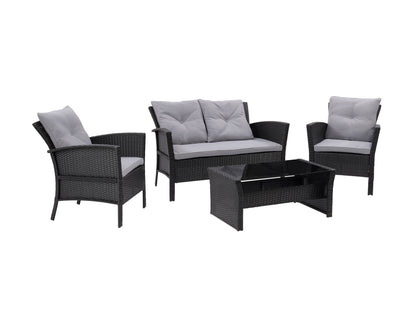 Black and grey wicker patio set, 4-piece, includes sofa, coffee table, and two chairs with cushions, outdoor furniture.