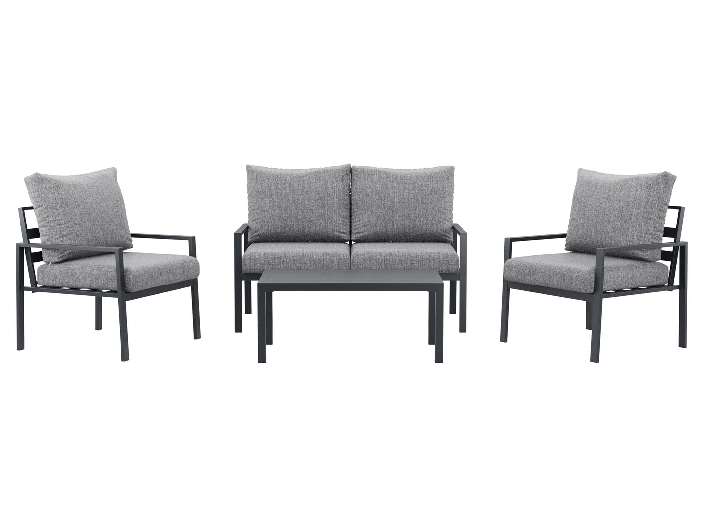 Deluxe grey 4-piece patio conversation set with cushioned seats, glass-top coffee table, and weather-resistant wicker.