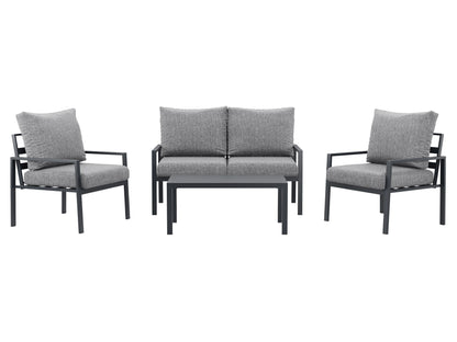 Deluxe grey 4-piece patio conversation set with cushioned seats, glass-top coffee table, and weather-resistant wicker.